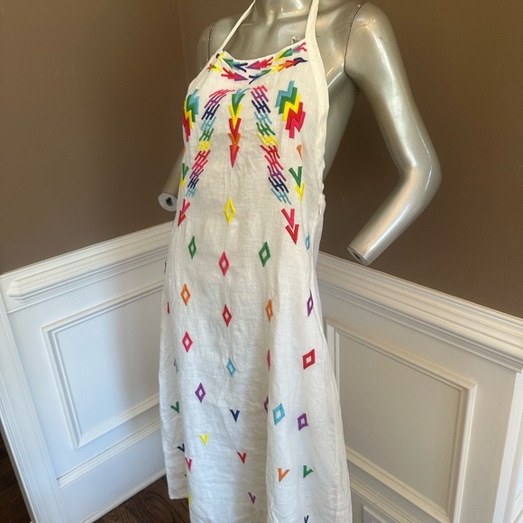 NWT ALL THINGS MOCHI Linen Halter Embroidered White Midi Dress Sz Large - Picture 5 of 6